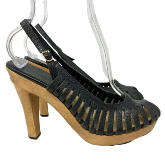 Michael Kors Black Huarache Leather Slingback Peep Toe Platform Sandal  Size 9 - Picture 3 of 9